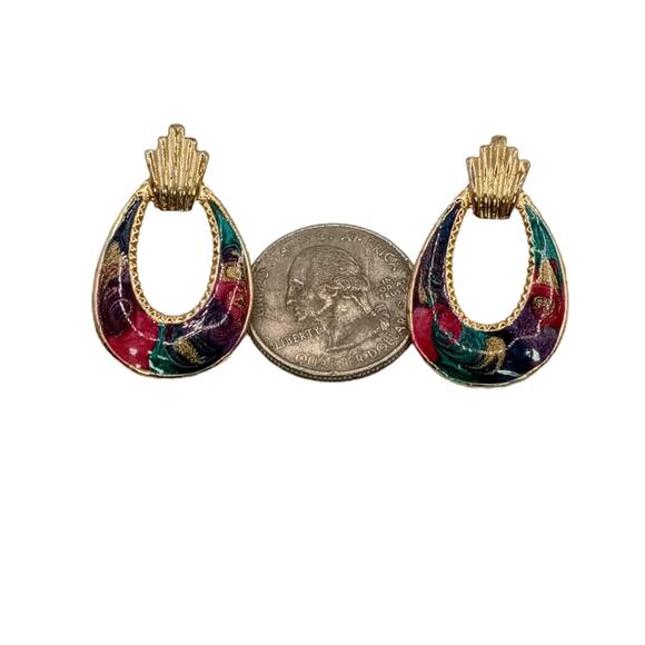 💫 Vintage Teardrop Swirl Earrings 💜 Gold Tone Multicolor Retro Hoop - Picture 7 of 12